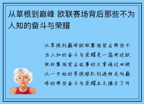从草根到巅峰 欧联赛场背后那些不为人知的奋斗与荣耀