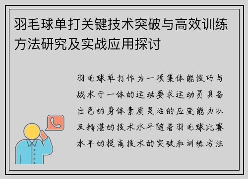 羽毛球单打关键技术突破与高效训练方法研究及实战应用探讨